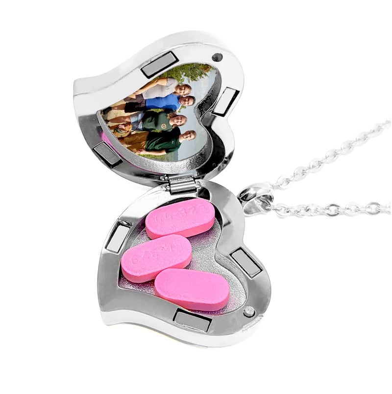 pill thing Amour Heart Pill Necklace - Polished Heart Locket with Strong Magnetic Closure - Medication Necklace - Keep Your Medication Securely with You at All Times - Locket Necklace26 Inch Chain (Silver) - Image 1